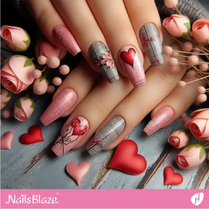 Faux Linen Texture Nails with Hearts and Flowers Design | Valentine Nails - NB2317